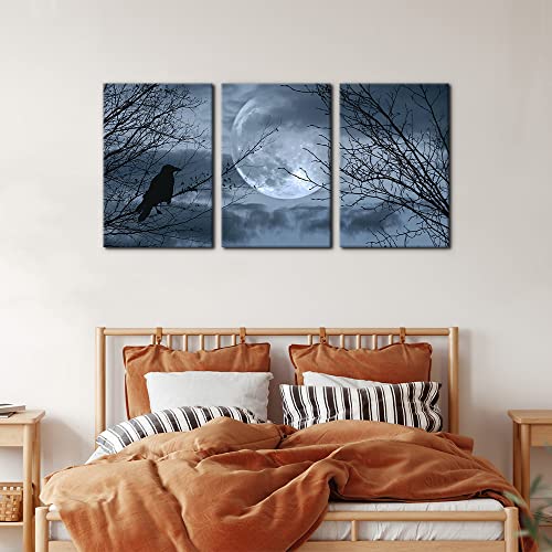 Pacimo 3 Pieces Canvas Art Wall Decor Full Moon Halloween Pictures Black and White Wall Art Painting Prints on Canvas Modern Artwork Stretched and Framed Ready to Hang - 16"x24"x3 Panel - Image 4