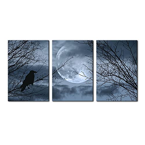 Pacimo 3 Pieces Canvas Art Wall Decor Full Moon Halloween Pictures Black and White Wall Art Painting Prints on Canvas Modern Artwork Stretched and Framed Ready to Hang - 16"x24"x3 Panel - Image 1