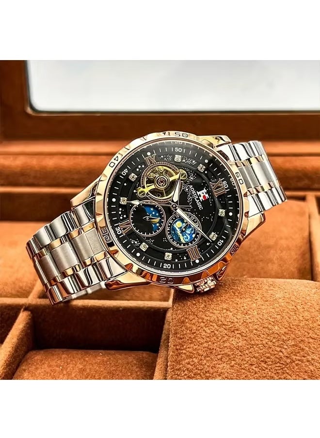 AOKULASIC Luxury Men Automatic Watch Stainless Steel Skeleton Mechanical Date Calendar Elegant Tourbillon Movement,Waterproof Luminous Wrist Black Arabic Numerals, Perfect for Business or Casual Wear,  Watches Festive Gift Watch  - Image 4