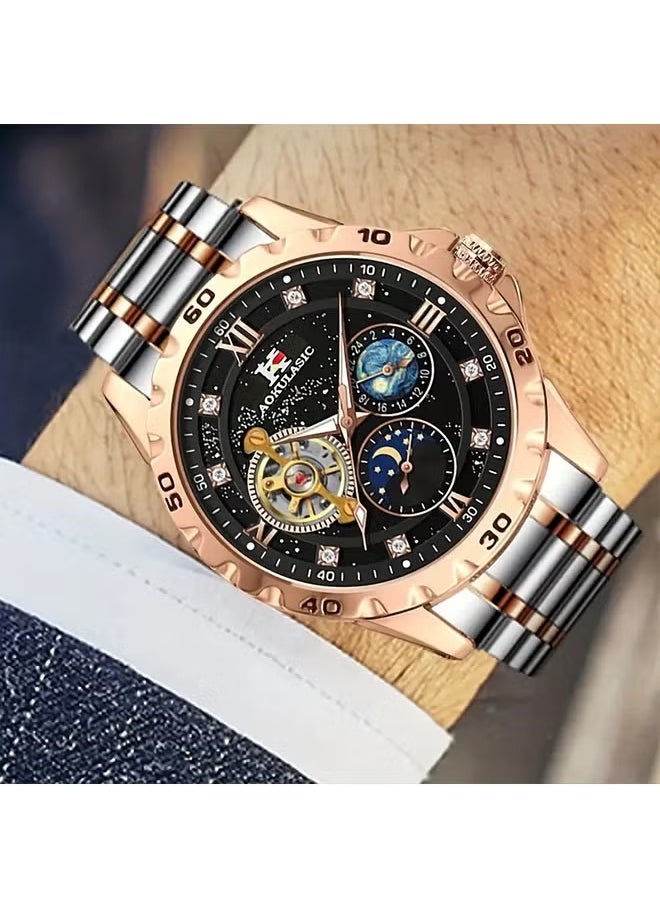 AOKULASIC Luxury Men Automatic Watch Stainless Steel Skeleton Mechanical Date Calendar Elegant Tourbillon Movement,Waterproof Luminous Wrist Black Arabic Numerals, Perfect for Business or Casual Wear,  Watches Festive Gift Watch  - Image 5