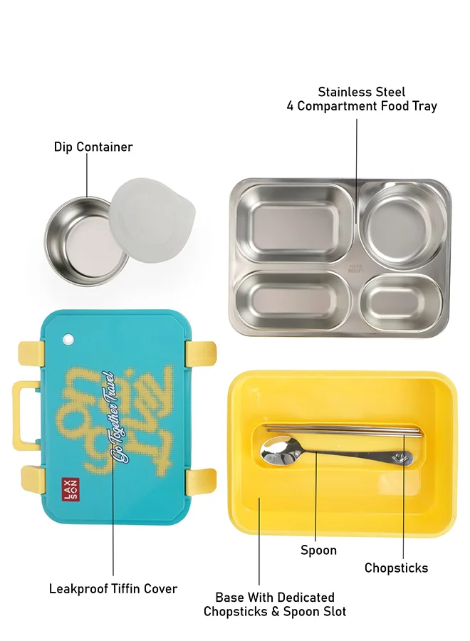 ليتل سربرايز بوكس Little Surprise Box, Teal Travel theme Stainless Steel Tiffin/Lunch Box for Kids and Adults