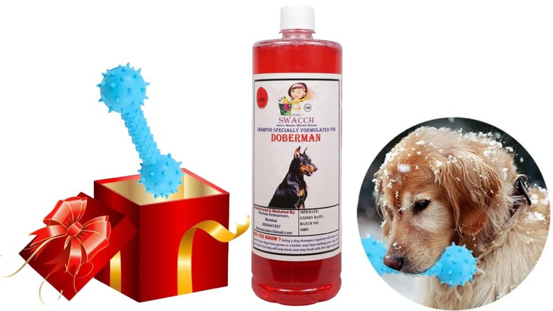 swacch Doberman Dog Shampoo + Dumbbell Toy I Durable Rubber Dog Toy for Chewing I Playing,Teeth Cleaning & Training Toy I Combo Pack I 1 Litre Jasmine - Image 1