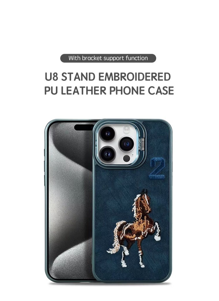 Generic - Luxury Embossed Leather Case for iPhone 16 Pro Max with Stand and Anti-Fingerprint Soft Frame (Blue) - Image 1