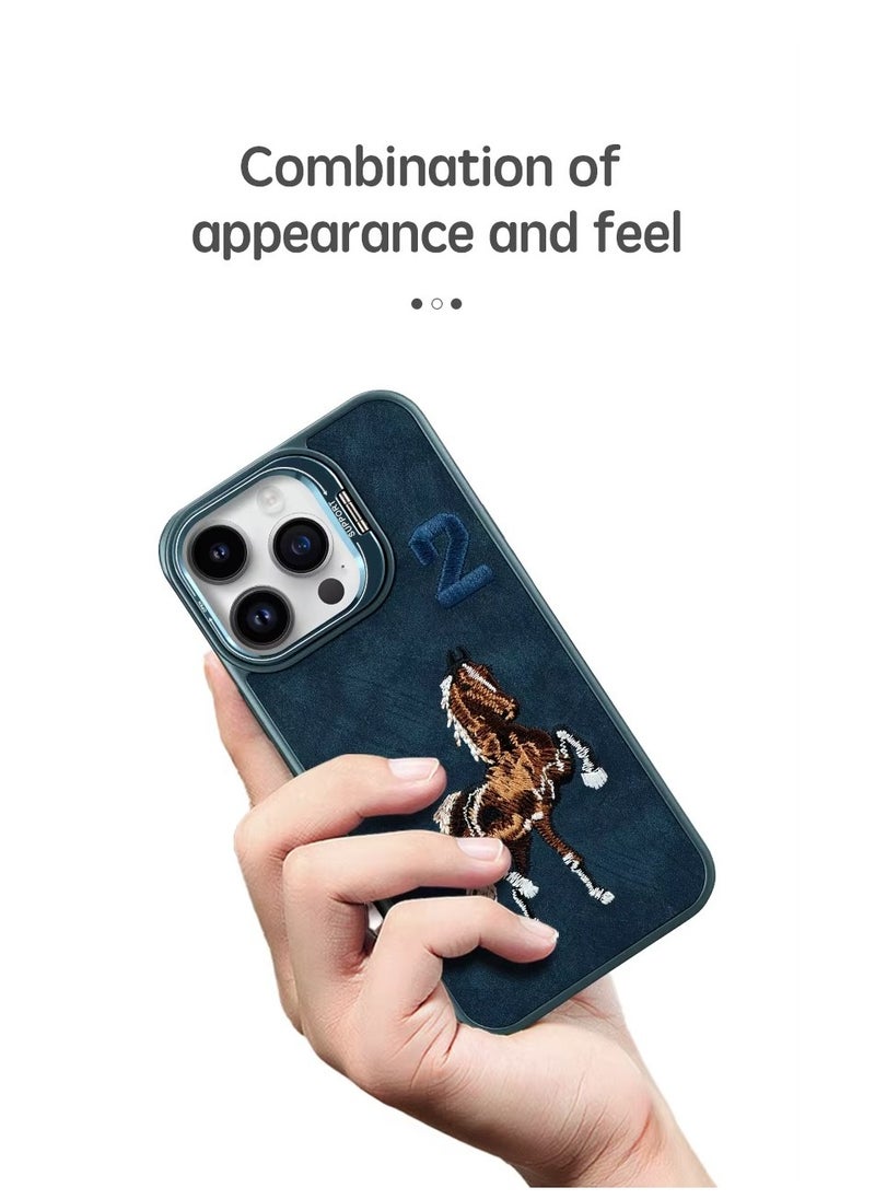 Generic - Luxury Embossed Leather Case for iPhone 16 Pro Max with Stand and Anti-Fingerprint Soft Frame (Blue) - Image 1