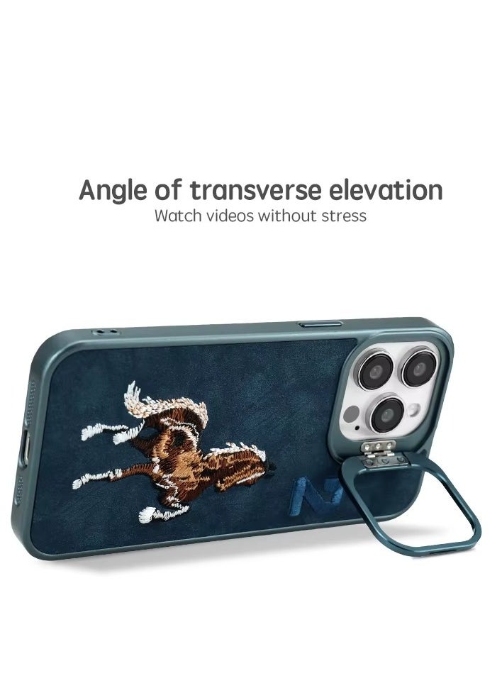 Generic - Luxury Embossed Leather Case for iPhone 16 Pro Max with Stand and Anti-Fingerprint Soft Frame (Blue) - Image 1