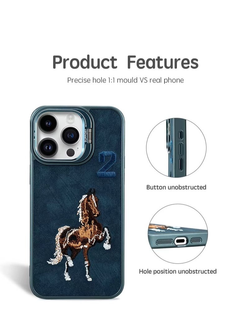 Generic - Luxury Embossed Leather Case for iPhone 16 Pro Max with Stand and Anti-Fingerprint Soft Frame (Blue) - Image 1