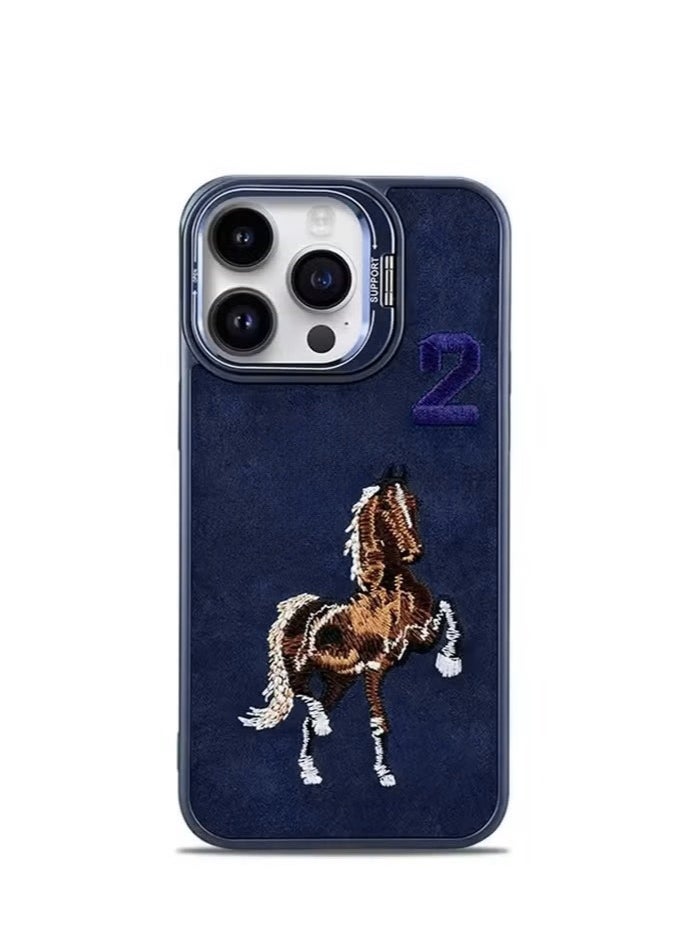 Generic - Luxury Embossed Leather Case for iPhone 16 Pro Max with Stand and Anti-Fingerprint Soft Frame (Blue) - Image 1
