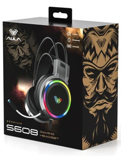 AULA S608 Wired Gaming Headset | RGB Lighting Effect with Stereo Sound |RGB Gaming Headphones | Closed Earmuffs Gaming Headphone with Adjustable Mic 3.5MM AND USB (Black)