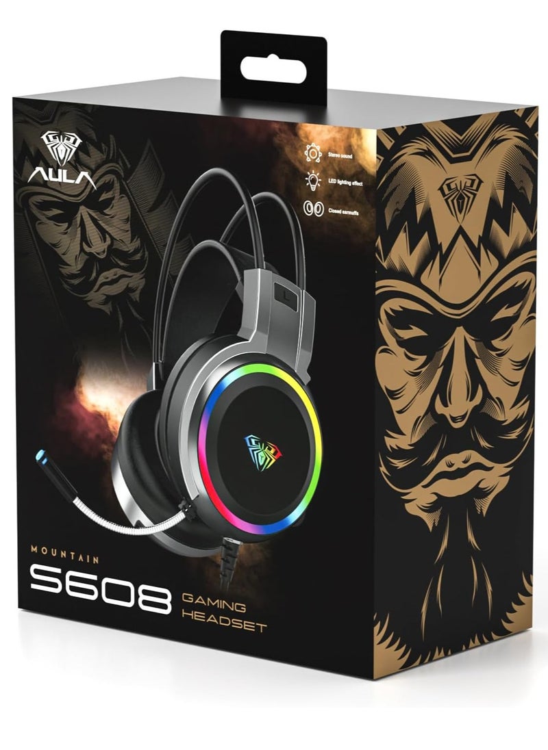AULA - AULA S608 Wired Gaming Headset | RGB Lighting Effect with Stereo Sound |RGB Gaming Headphones | Closed Earmuffs Gaming Headphone with Adjustable Mic 3.5MM AND USB (Black) - Image 1