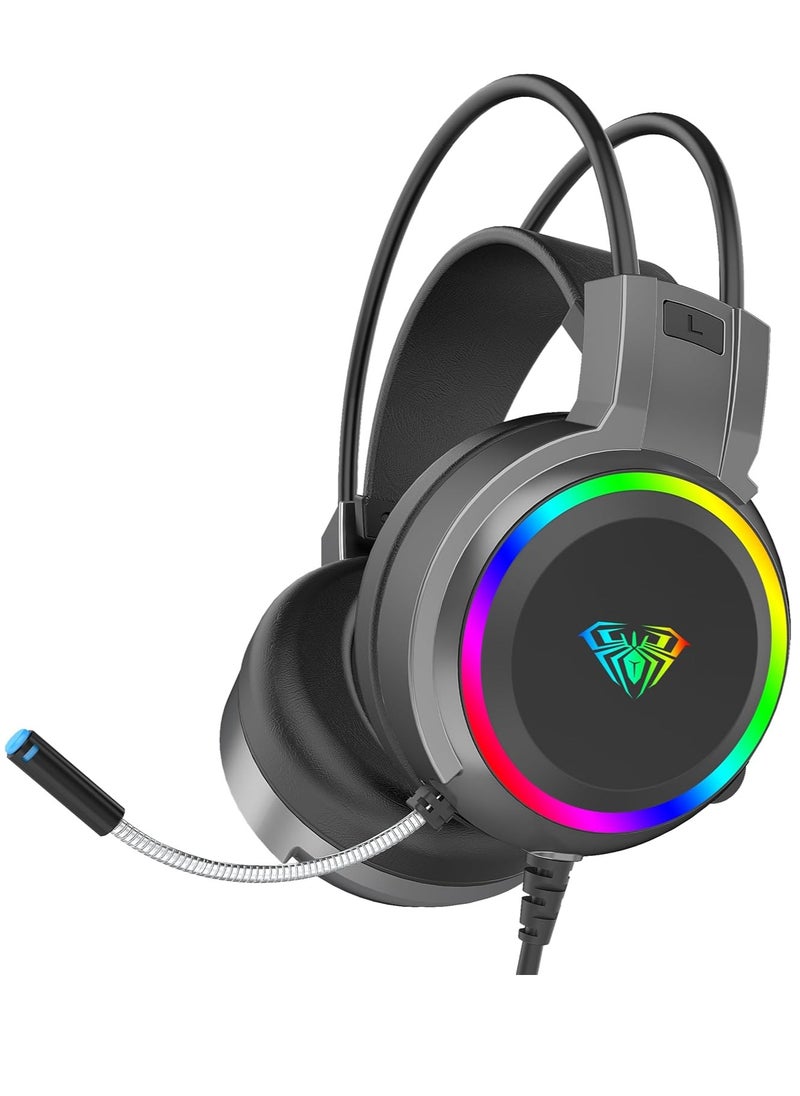 AULA - AULA S608 Wired Gaming Headset | RGB Lighting Effect with Stereo Sound |RGB Gaming Headphones | Closed Earmuffs Gaming Headphone with Adjustable Mic 3.5MM AND USB (Black) - Image 1