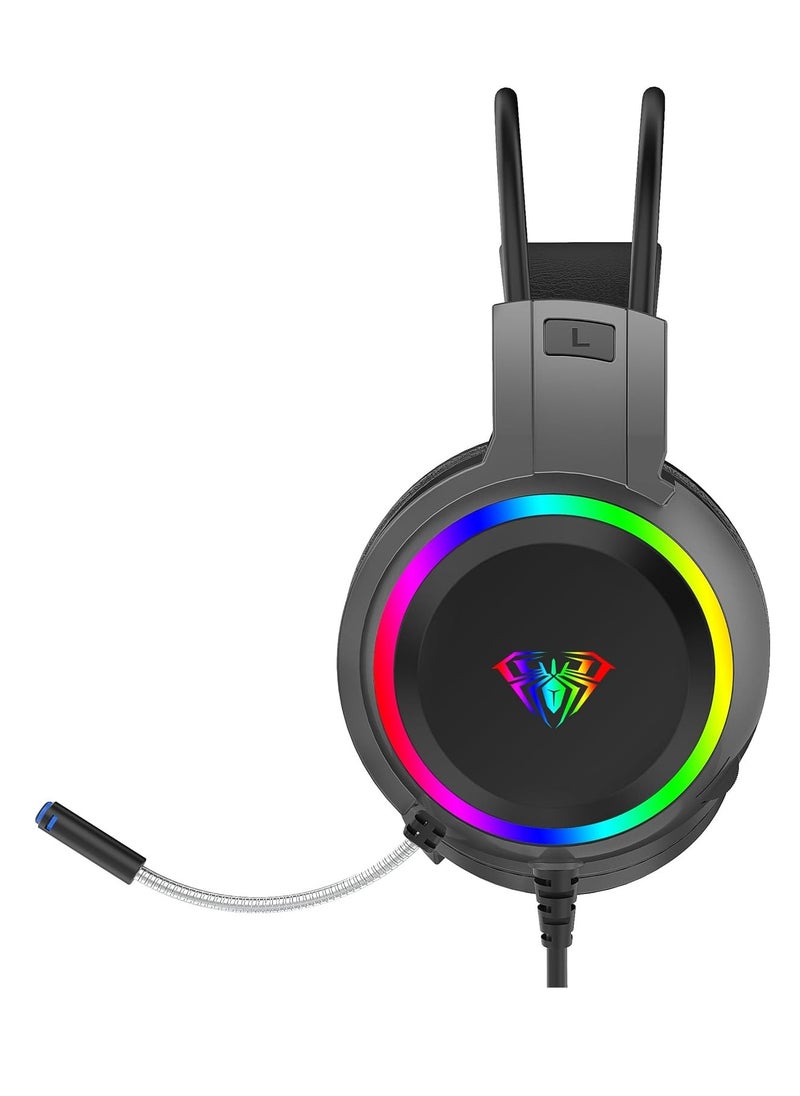 AULA - AULA S608 Wired Gaming Headset | RGB Lighting Effect with Stereo Sound |RGB Gaming Headphones | Closed Earmuffs Gaming Headphone with Adjustable Mic 3.5MM AND USB (Black) - Image 1