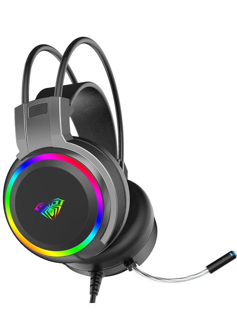 AULA - AULA S608 Wired Gaming Headset | RGB Lighting Effect with Stereo Sound |RGB Gaming Headphones | Closed Earmuffs Gaming Headphone with Adjustable Mic 3.5MM AND USB (Black) - Image 1