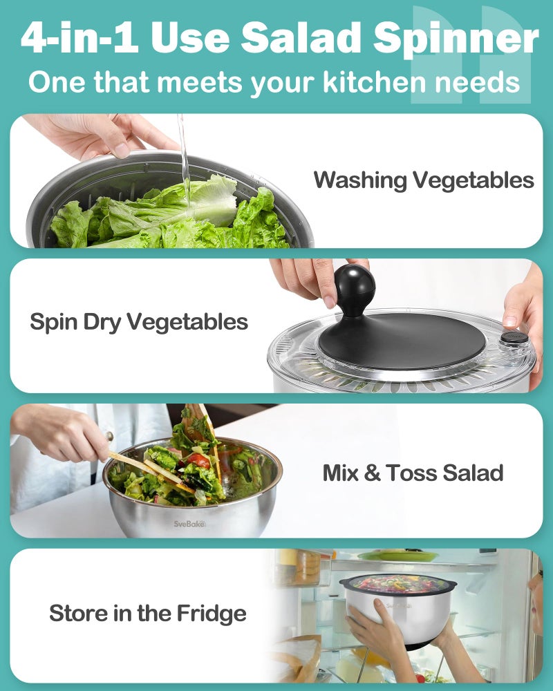 SveBake Stainless Steel Salad Spinner with Storage Lid, 5.3 Qt, BPA-Free, 4-in-1 Multi-Functional Lettuce Spinner, Fruit & Vegetable Washer, Easy Clean, Stop Button, Non-Slip Base - Image 2