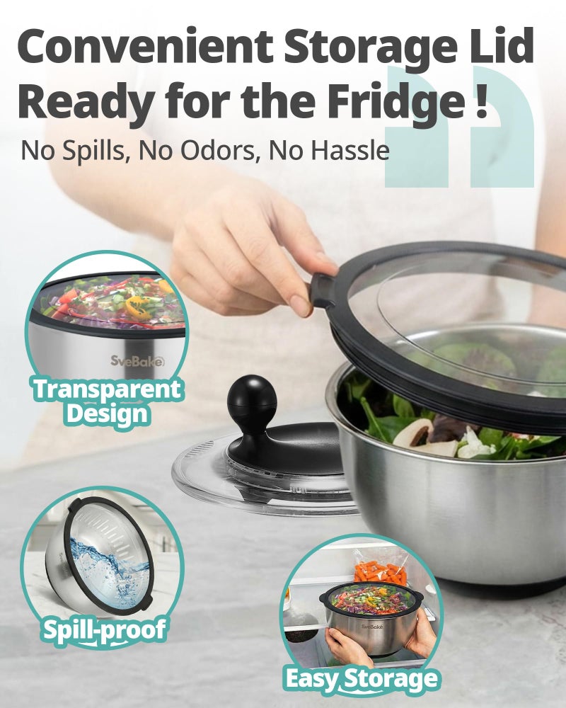 SveBake Stainless Steel Salad Spinner with Storage Lid, 5.3 Qt, BPA-Free, 4-in-1 Multi-Functional Lettuce Spinner, Fruit & Vegetable Washer, Easy Clean, Stop Button, Non-Slip Base - Image 4
