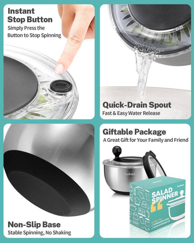 SveBake Stainless Steel Salad Spinner with Storage Lid, 5.3 Qt, BPA-Free, 4-in-1 Multi-Functional Lettuce Spinner, Fruit & Vegetable Washer, Easy Clean, Stop Button, Non-Slip Base - Image 5
