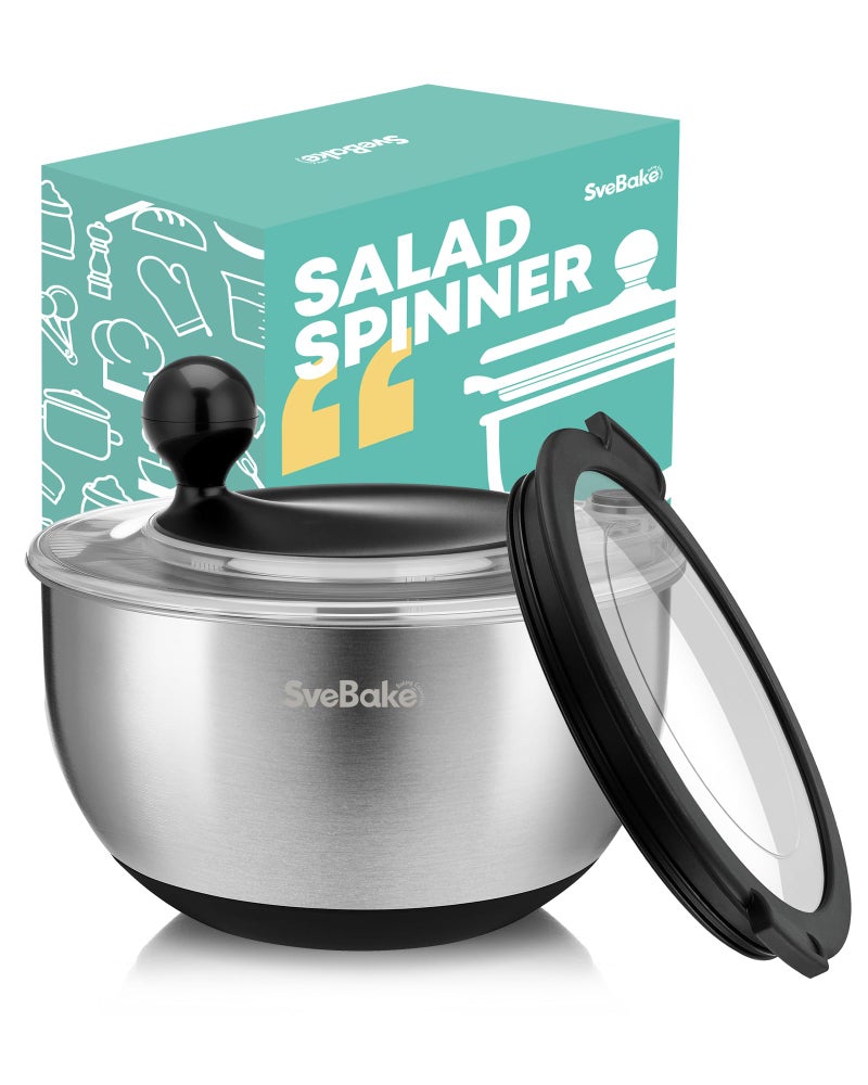 SveBake Stainless Steel Salad Spinner with Storage Lid, 5.3 Qt, BPA-Free, 4-in-1 Multi-Functional Lettuce Spinner, Fruit & Vegetable Washer, Easy Clean, Stop Button, Non-Slip Base - Image 1