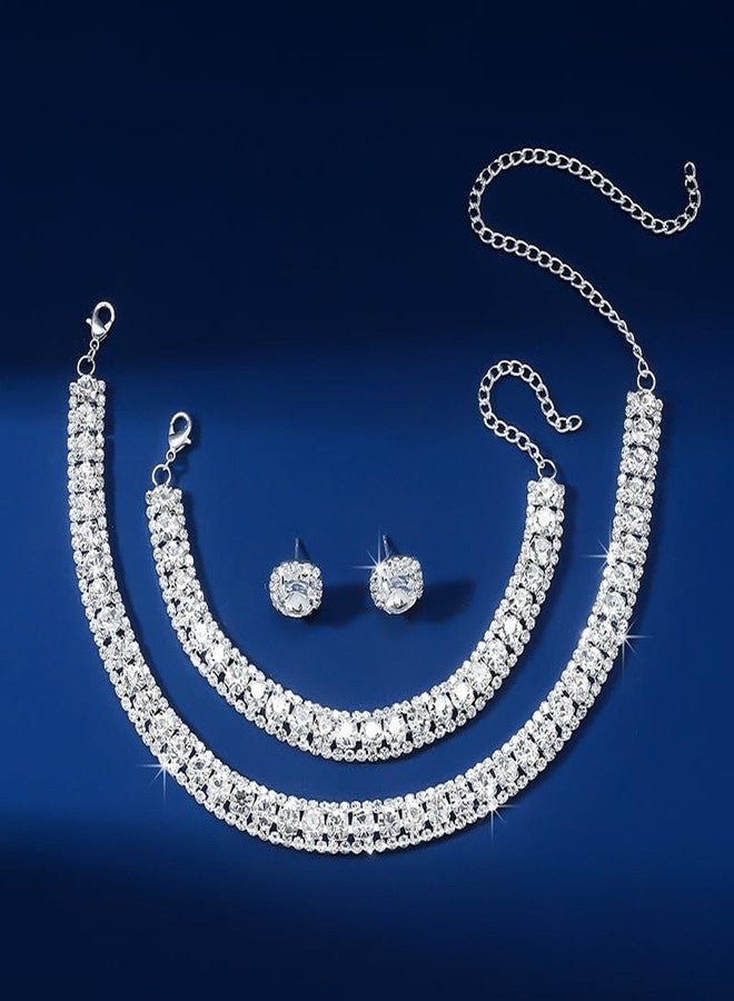 Paxuan Women Rhinestone Crystal Jewelry Set Tennis Design Rhinestone Choker Necklace Link Bracelet Teardrop Earrings Set Wedding Bridal Bridesmaids Party (Silver Plated White Crystal（2）) - Image 5