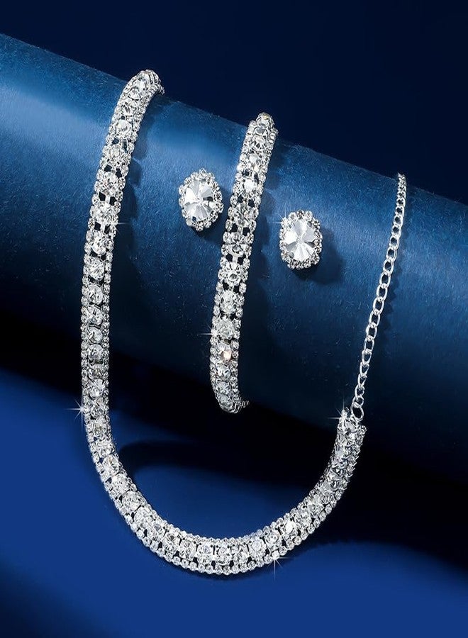 Paxuan Women Rhinestone Crystal Jewelry Set Tennis Design Rhinestone Choker Necklace Link Bracelet Teardrop Earrings Set Wedding Bridal Bridesmaids Party (Silver Plated White Crystal（2）) - Image 4