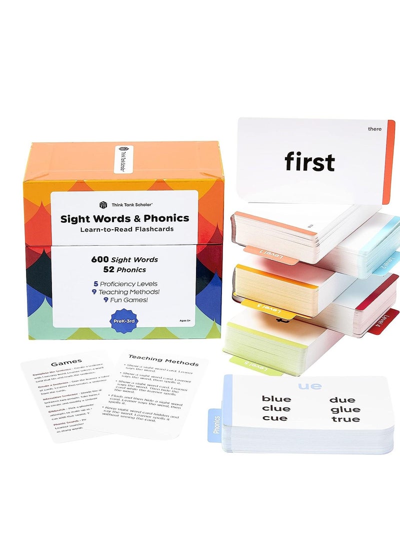 Think Tank Scholar Think Tank Scholar 652 Sight Words/Phonics Flash Cards, Learn to Read: CVC Blends, Short/Long Vowel Sounds, Dolch & Fry High Frequency Site Words + Games: Preschool PreK Kindergarten 1st 2nd 3rd Grade  - Image 1