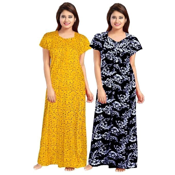 Vlazom Women’s Cotton Printed Maxi Nighty – Ankle Length Night Dress Gown, Pack of 2, Free Size – Soft & Breathable Sleepwear (Yellow,Black, Free Size) - Image 1