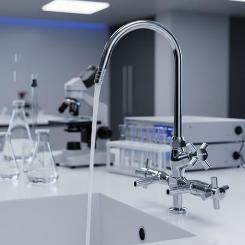 KAMAL Full Brass Lab Three Way Tap | 3 Outlet Faucet with 360° Swivel Brass Spout | Heavy Duty Laboratory Tap | Deck Mount Installation | Chrome Finish | Silver - Image 1