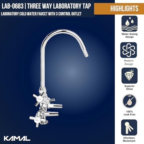 KAMAL Full Brass Lab Three Way Tap | 3 Outlet Faucet with 360° Swivel Brass Spout | Heavy Duty Laboratory Tap | Deck Mount Installation | Chrome Finish | Silver - Image 2