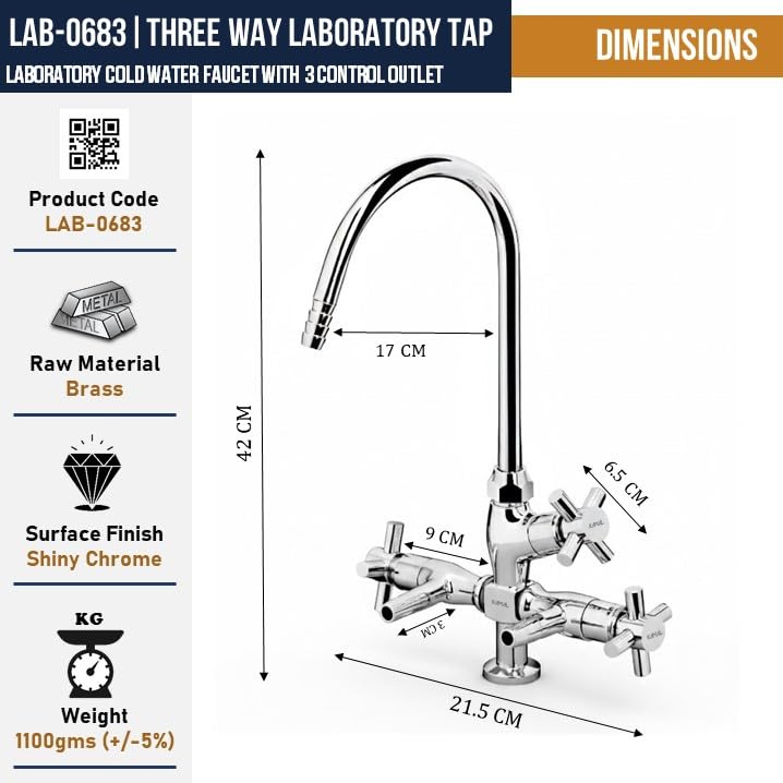 KAMAL Full Brass Lab Three Way Tap | 3 Outlet Faucet with 360° Swivel Brass Spout | Heavy Duty Laboratory Tap | Deck Mount Installation | Chrome Finish | Silver - Image 4