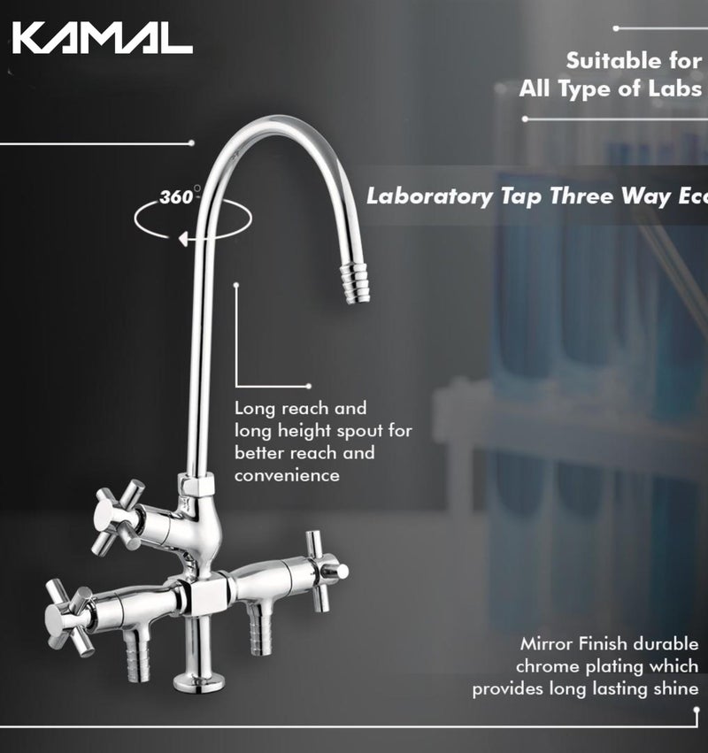 KAMAL Full Brass Lab Three Way Tap | 3 Outlet Faucet with 360° Swivel Brass Spout | Heavy Duty Laboratory Tap | Deck Mount Installation | Chrome Finish | Silver - Image 5