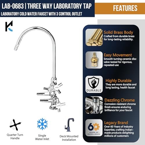 KAMAL Full Brass Lab Three Way Tap | 3 Outlet Faucet with 360° Swivel Brass Spout | Heavy Duty Laboratory Tap | Deck Mount Installation | Chrome Finish | Silver - Image 3