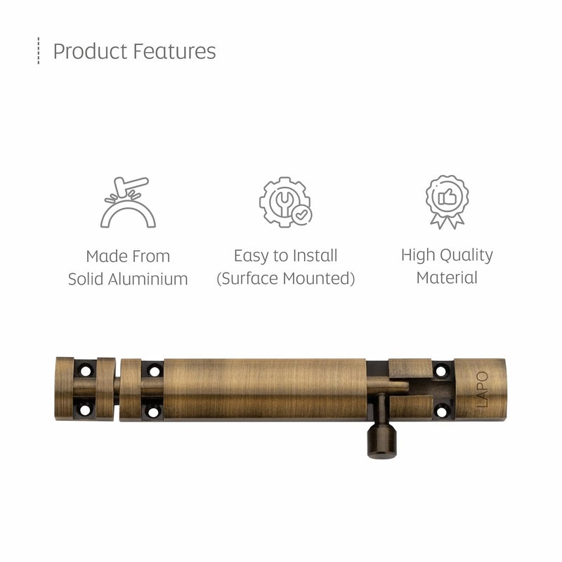 LAPO عبوة 2 من برغي البرج الألمنيوم الممتاز 6 بوصة، برغي البرج للباب الرئيسي والحمام، قفل الباب كندي لغرفة النوم، شيتاكني، برغي البرج للأبواب والنوافذ المنزلية والمكتبية (تشطيب عتيق، عبوة من 2) - Image 3