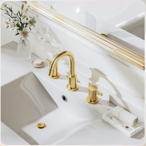 Phiestina Brushed Gold 3 Hole 8 Inch Widespread Bathroom Sink Faucet, Bathroom Faucet Set with Metal Pop UP Drain and Valve, WF15-1-BG - Image 2
