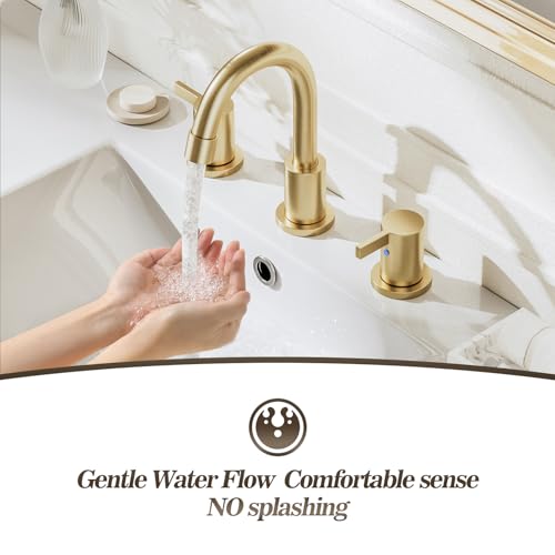 Phiestina Brushed Gold 3 Hole 8 Inch Widespread Bathroom Sink Faucet, Bathroom Faucet Set with Metal Pop UP Drain and Valve, WF15-1-BG - Image 3