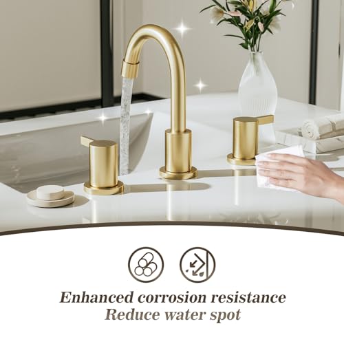 Phiestina Brushed Gold 3 Hole 8 Inch Widespread Bathroom Sink Faucet, Bathroom Faucet Set with Metal Pop UP Drain and Valve, WF15-1-BG - Image 4