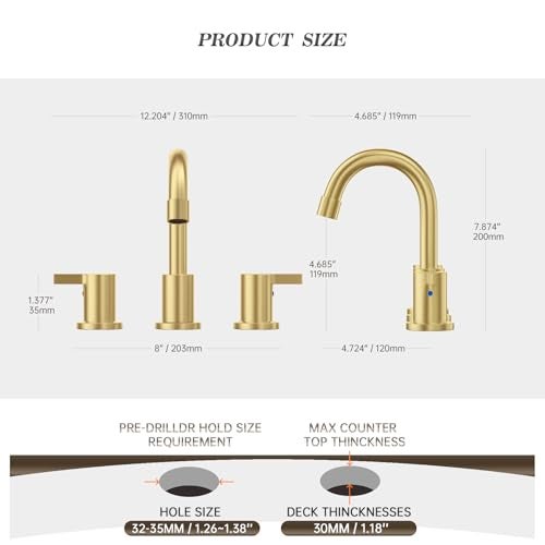 Phiestina Brushed Gold 3 Hole 8 Inch Widespread Bathroom Sink Faucet, Bathroom Faucet Set with Metal Pop UP Drain and Valve, WF15-1-BG - Image 5