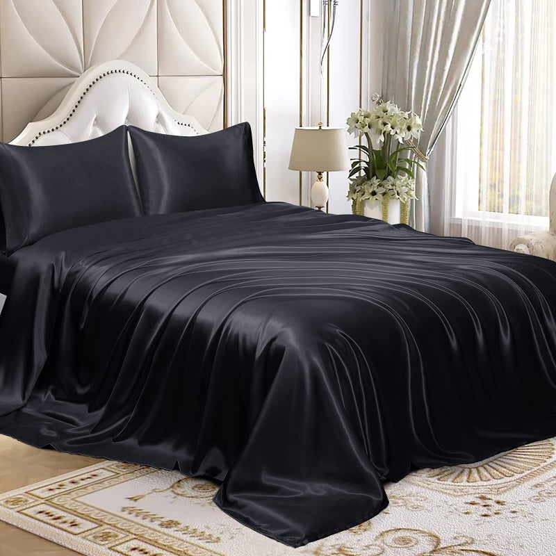 Homiest 4pcs Satin Sheets Set Luxury Silky Satin Bedding Set with Deep Pocket 1 Fitted Sheet  1 Flat Sheet  2 Pillowcases Full Size Black