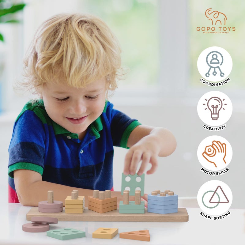 GOPO TOYS Montessori Toys for 1+ Year Old â€“ Wooden Shape Sorter & Stacking Puzzle â€“ Toddler Learning, Fine Motor Skills & Developmental Toy for Boys & Girls - Image 3