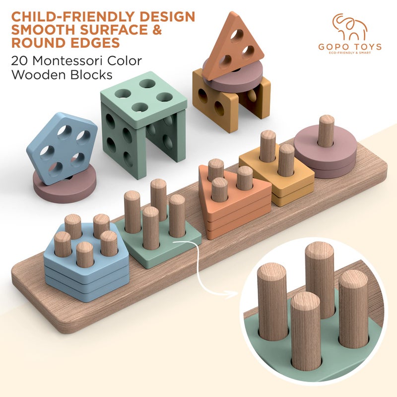 GOPO TOYS Montessori Toys for 1+ Year Old â€“ Wooden Shape Sorter & Stacking Puzzle â€“ Toddler Learning, Fine Motor Skills & Developmental Toy for Boys & Girls - Image 2