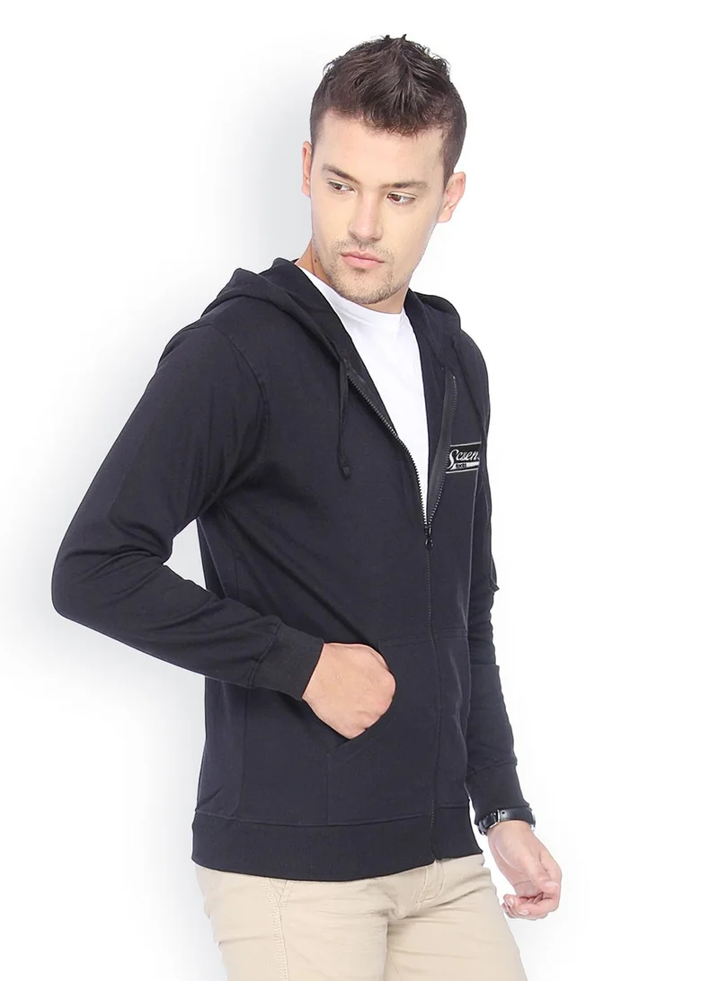 Campus Sutra Men's Onyx Black Science-RocksApplique Zip-Front Hoodie