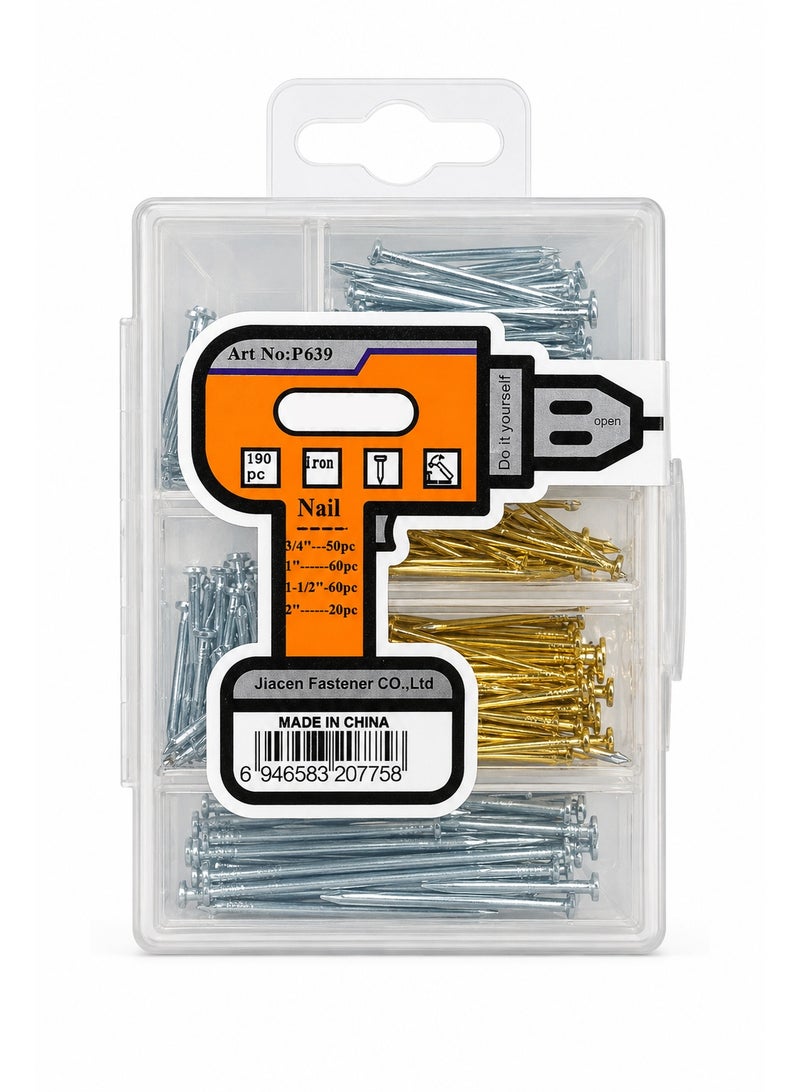 Assorted Nails Kit 190 PCS, Iron Nail Set with Clear Storage Case, Silver & Gold Finish Nails Organizer for DIY Home Repair, Wood Projects, Hanging, Fixing and Craft Tasks - Image 1