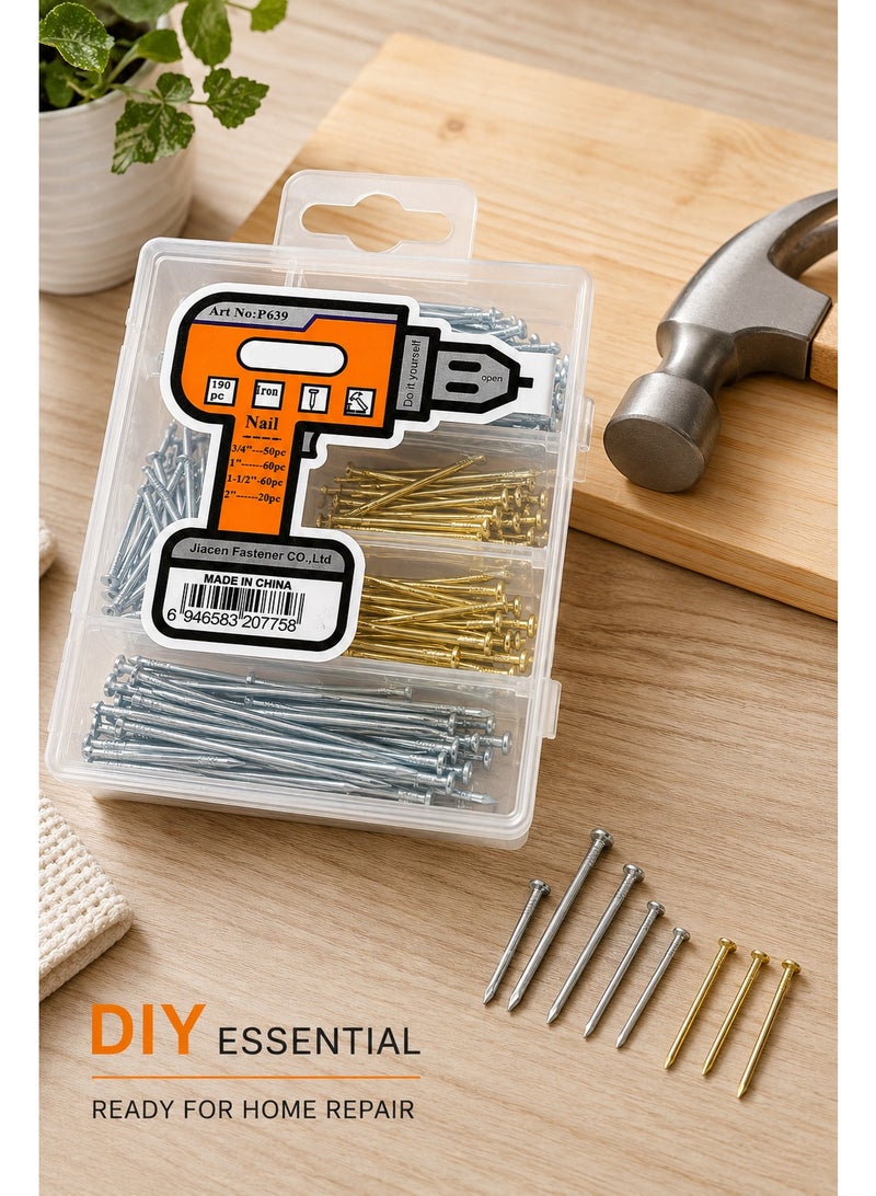Assorted Nails Kit 190 PCS, Iron Nail Set with Clear Storage Case, Silver & Gold Finish Nails Organizer for DIY Home Repair, Wood Projects, Hanging, Fixing and Craft Tasks - Image 4