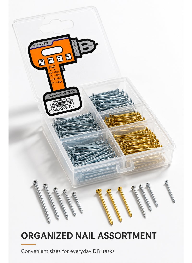 Assorted Nails Kit 190 PCS, Iron Nail Set with Clear Storage Case, Silver & Gold Finish Nails Organizer for DIY Home Repair, Wood Projects, Hanging, Fixing and Craft Tasks - Image 2