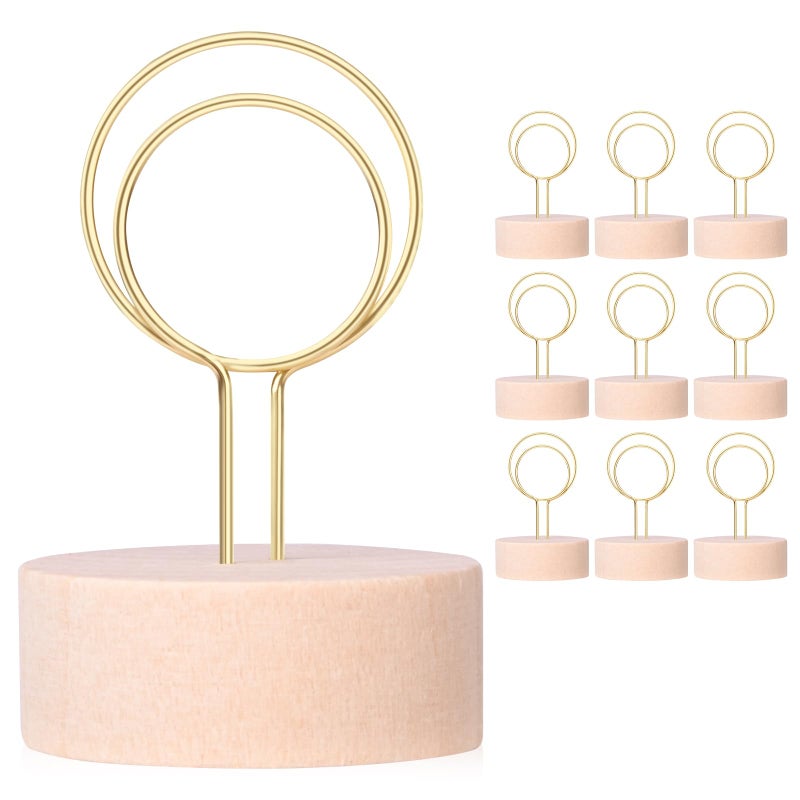 Oubest Table Number Holders Pack of 10 Metal Wire with Wooden Base for Better Stability Place Card Holders - Centerpieces, Picture Photo Sign Stands for Weddings, Party, Birthdays -Gold - Image 1
