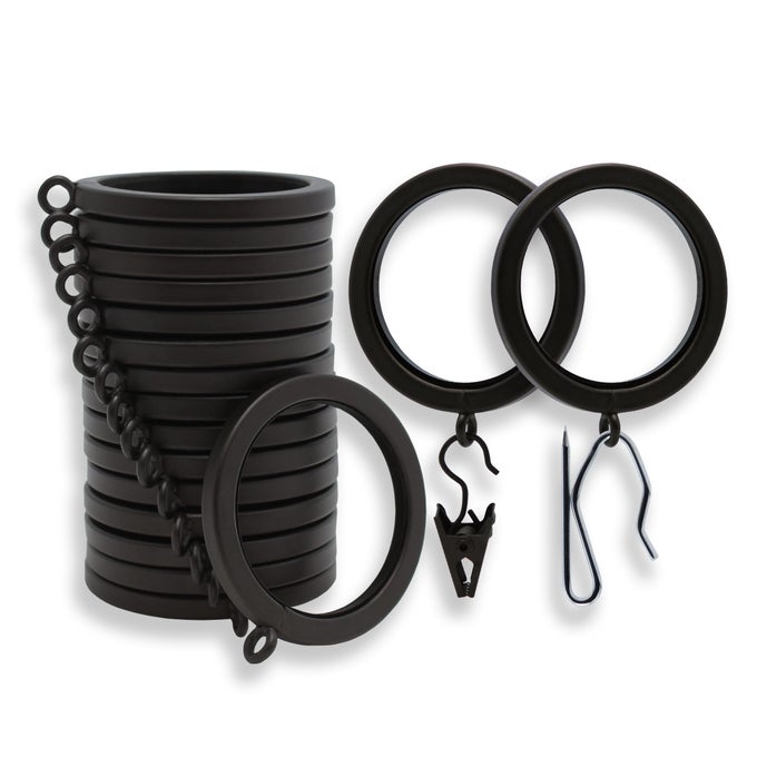 LUXURY CURTAIN RINGS PREMIUM METAL WITH QUIET SMOOTH NYLON INSERTS PINHOOKS AND CLIPS INCLUDED 1 12 INSIDE DIAMETER 18 RINGS FOR TWO STANDARD CURTAINS BRUSHED DARK BROWN