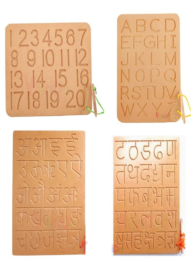 VikriDA Educational Tracing Wooden Board for Kids | Handwriting, Counting and Learning Slates for Children | Set of 4 | Varanmala, Big Alphabet and Numbers - Image 1