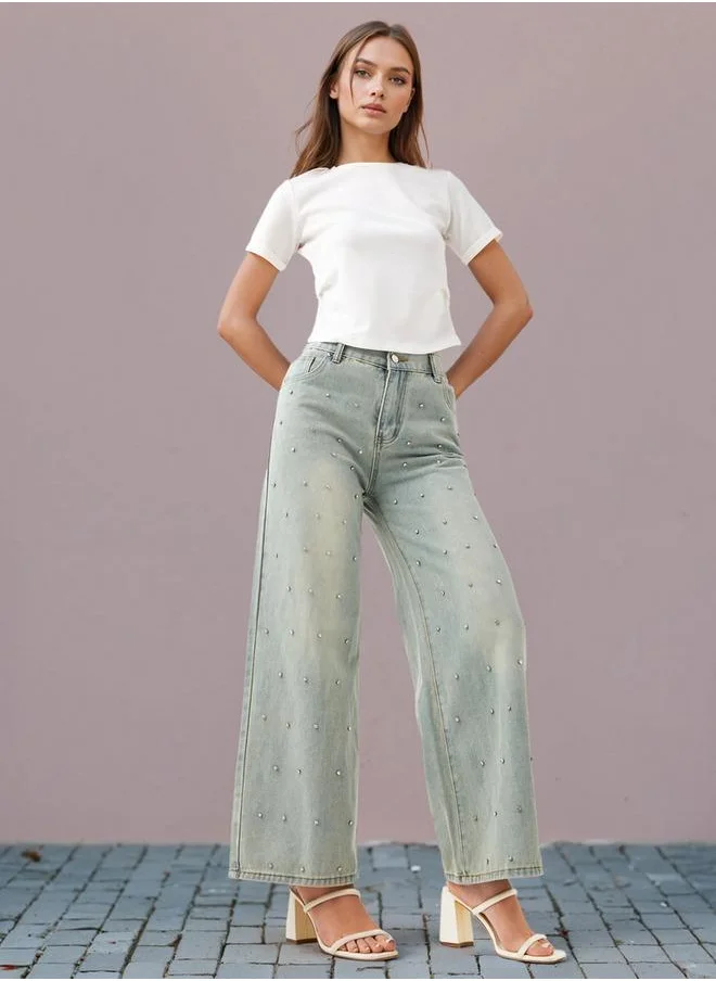 تواكستريمز 2Xtremz Rhinestone Embellished Straight Fit Jeans with Pockets