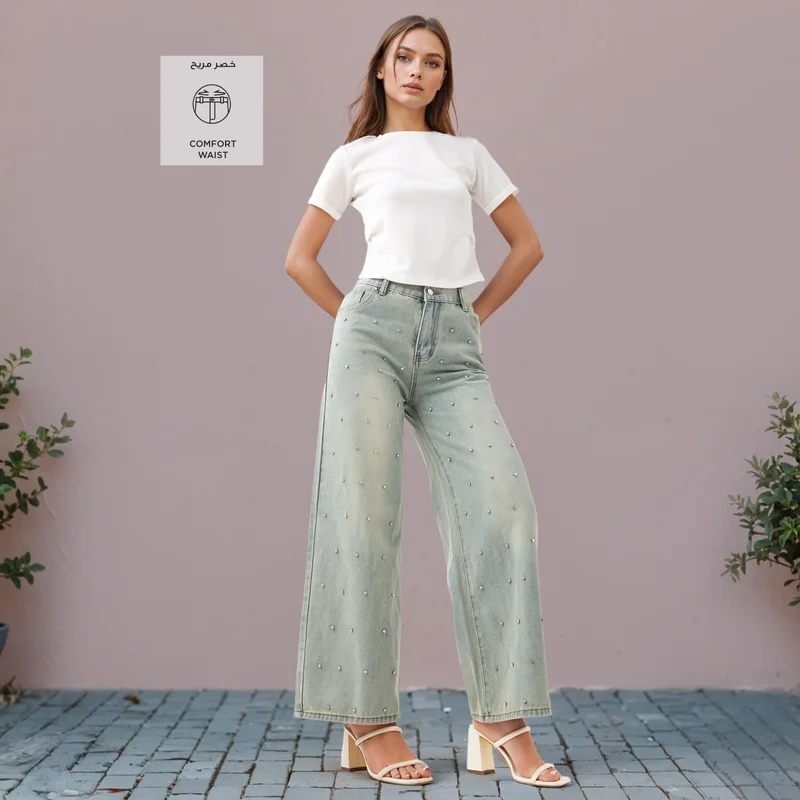 2Xtremz 2Xtremz Rhinestone Embellished Straight Fit Jeans with Pockets