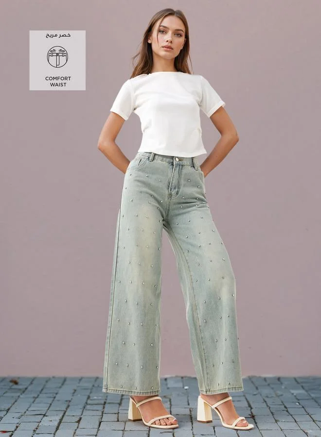 2Xtremz 2Xtremz Rhinestone Embellished Straight Fit Jeans with Pockets