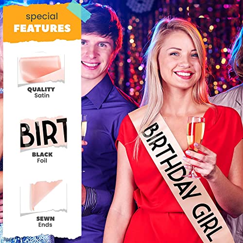 FAVELA 'Birthday Girl' Sash withBlack Foil Soft Satin Rose Gold Sash - Birthday Sash for Happy 16th 18th 21st 25th 30th 40th 50th or Great Party Supplies and Decorations - Image 4