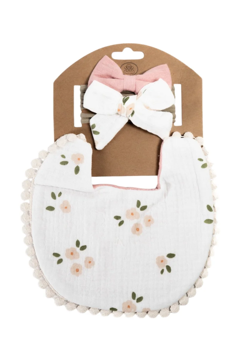 Bambimici Bambimici -Ava Baby Bib and Ribbon Bow Set - Floral Print White