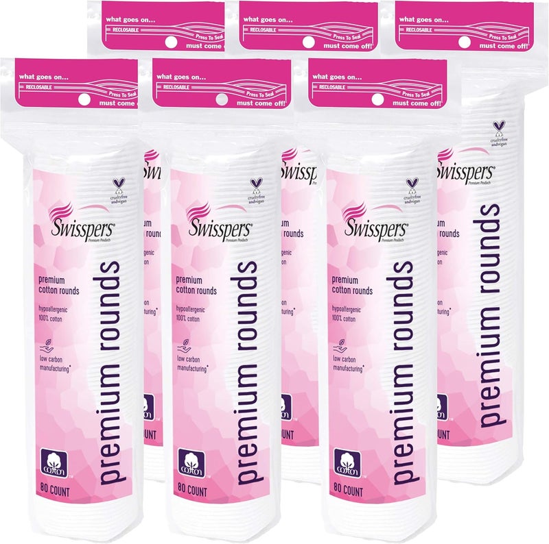 Swisspers Premium Cotton Rounds, Hypoallergenic, 80 Count, Pack of 6 (Total 480 Rounds) - Image 1